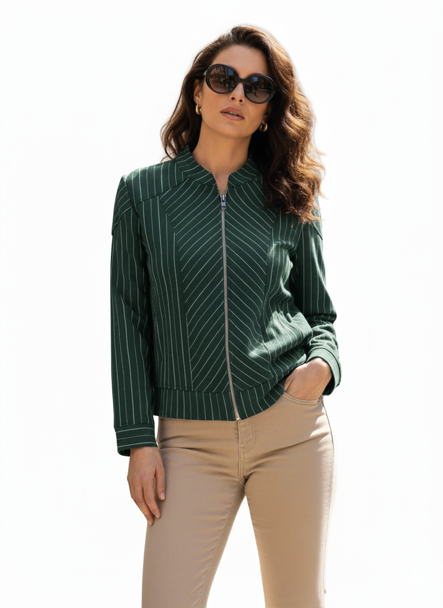 Green Striped Zip-Up Jacket for Women – Modern Casual Streetwear