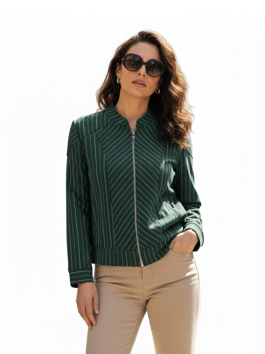 Green Striped Zip-Up Jacket for Women – Modern Casual Streetwear