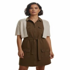 Mustard Color Belted Utility Shirt Dress – Midi Length, Cotton Blend, Button-Down