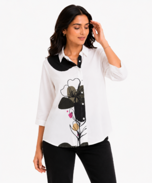 Women's Floral Printed Office Wear Shirt | White 3/4 Sleeve Button Down Collared Top | Casual Workwear Shirt for Women