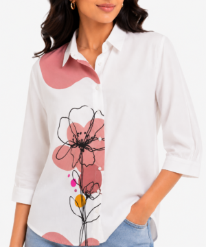 Women's Off-white & Pink Floral Printed Office Wear Shirt | White 3/4 Sleeve Button Down Collared Top | Casual Workwear Shirt for Women