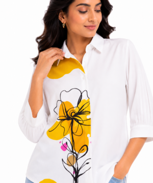 Women's Off-white & Yellow Floral Printed Office Wear Shirt | White 3/4 Sleeve Button Down Collared Top | Casual Workwear Shirt for Women