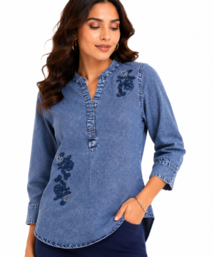 Women's Light Blue Denim Top with Floral Embroidery | Mandarin Collar | 3/4 Sleeves | Casual & Office Wear